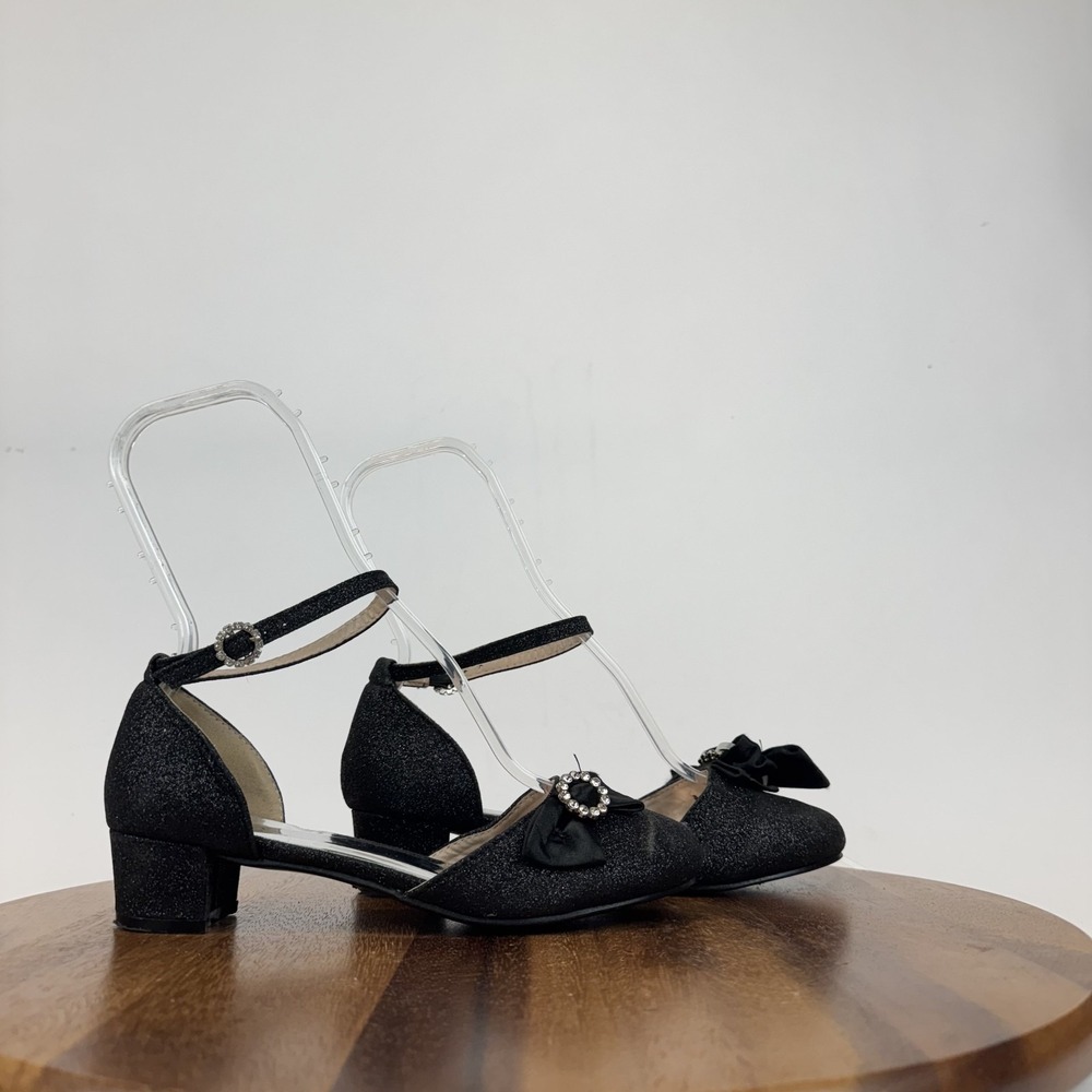 Big Kids Badgley Mischka Black Glitter Bow Ankle Strap Block Heeled Pumps Size 4